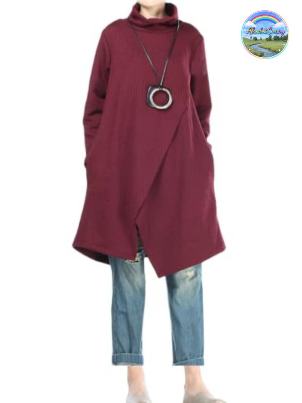 Minibee Sweater Dress Cowl Neck Long Sleeve Pullover Irregular Hem with Pockets